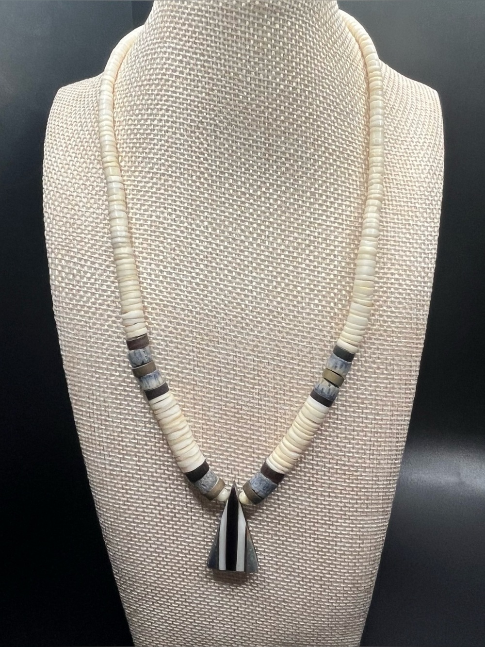 Striped Triangle Pendant Heishi Necklace — Cream & Black